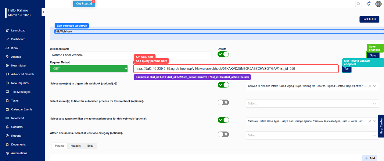 Law Ruler webhook edit screen showing the API URL field and example query parameters