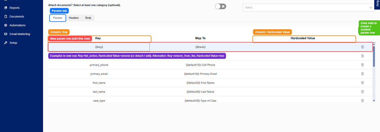 Law Ruler webhook Params tab showing custom parameter rows for list_action and remove_from_list