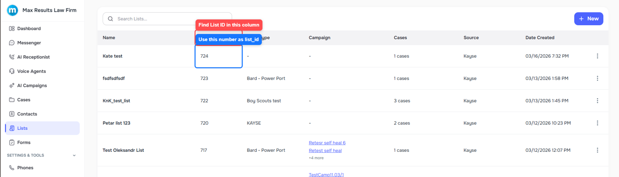 Kayse Lists page with the List ID column highlighted