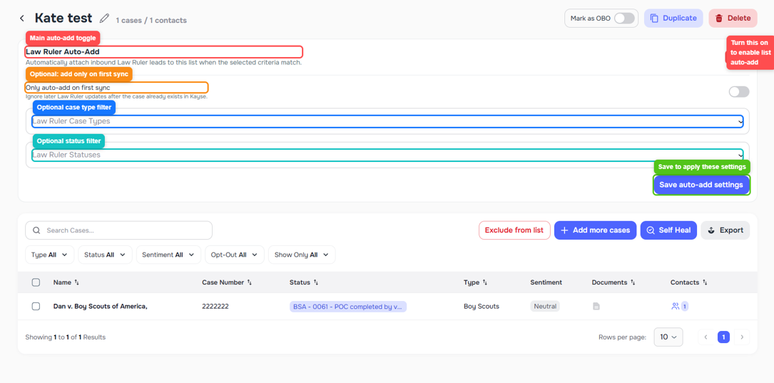 Kayse list details page showing Law Ruler Auto-Add settings, optional first-sync toggle, and case type/status filters