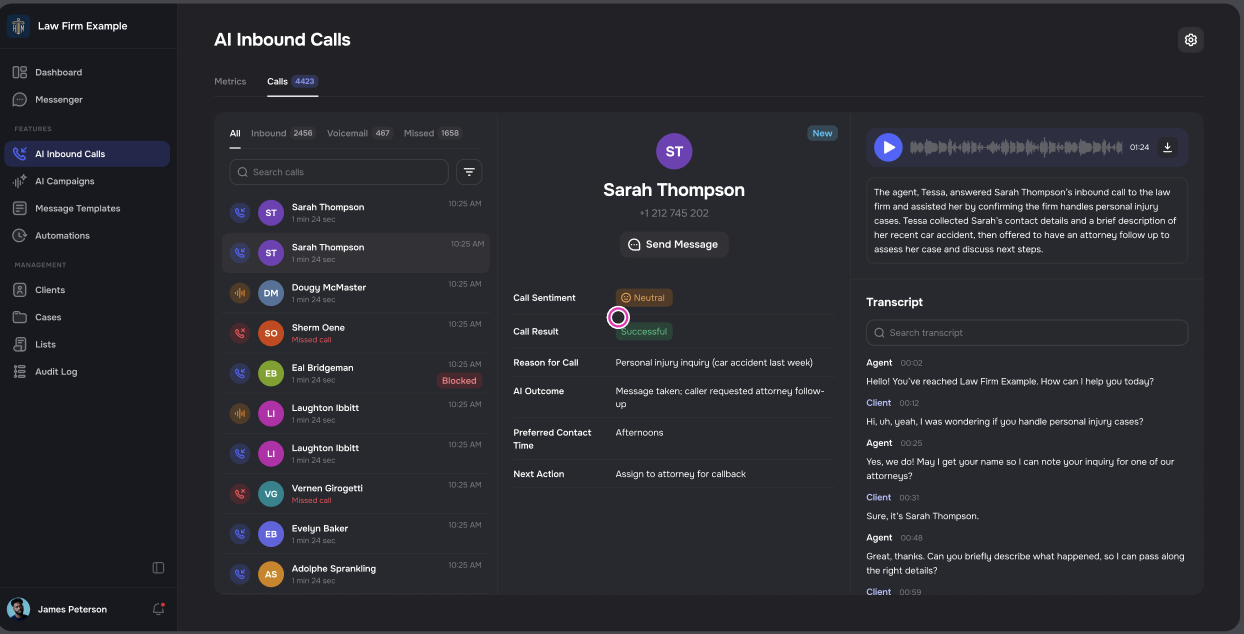 Calls Tab with detailed call view