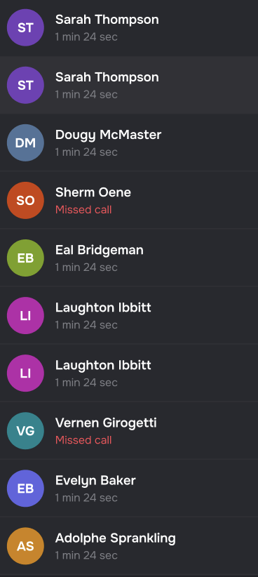 Call List Panel with scrollable list and search