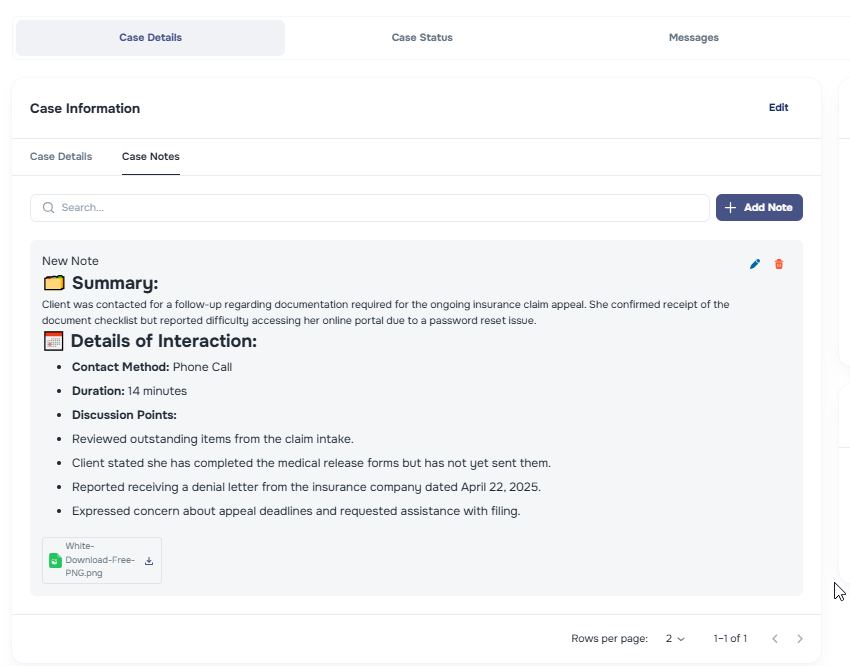 Expanded Case Notes display with more visible lines
