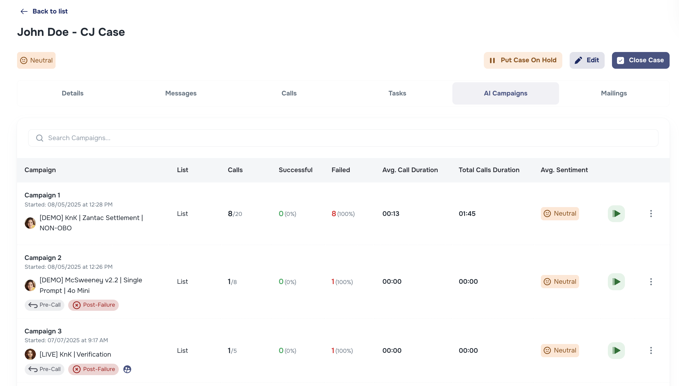 Case page AI Campaigns tab with campaign outcomes and pause/resume
