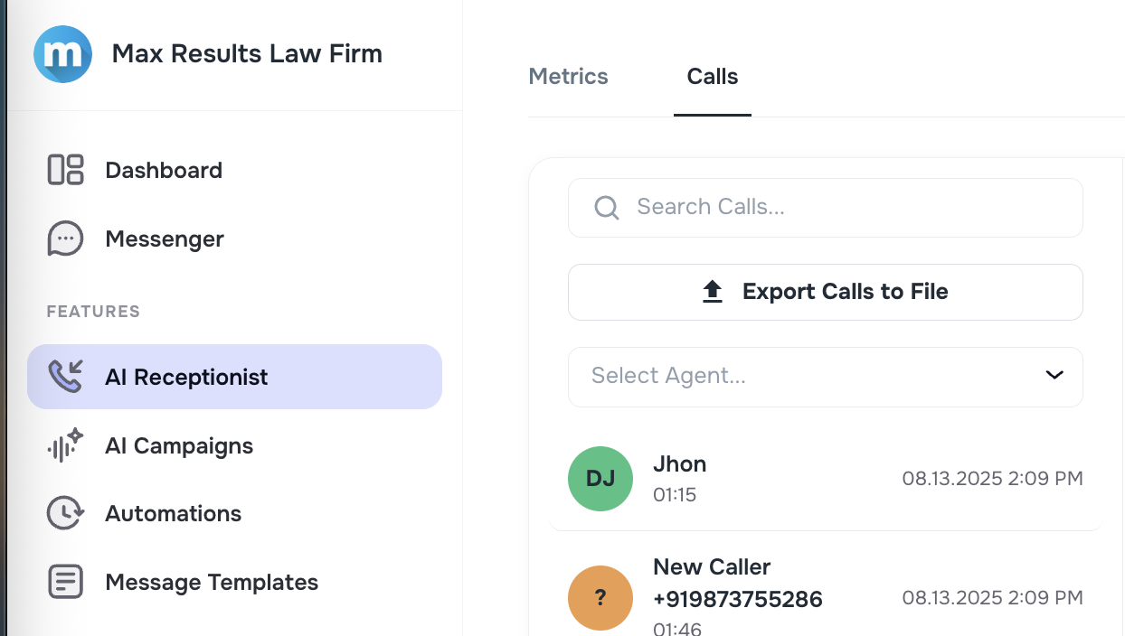 Export Calls to File option in AI Receptionist Calls tab
