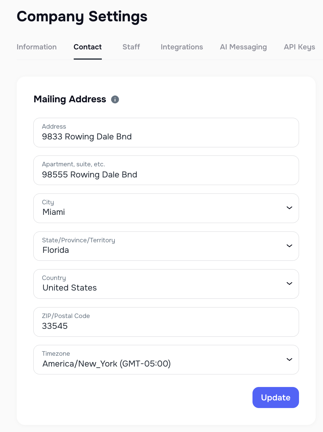 Company Time Zone field in Company Settings Contact tab
