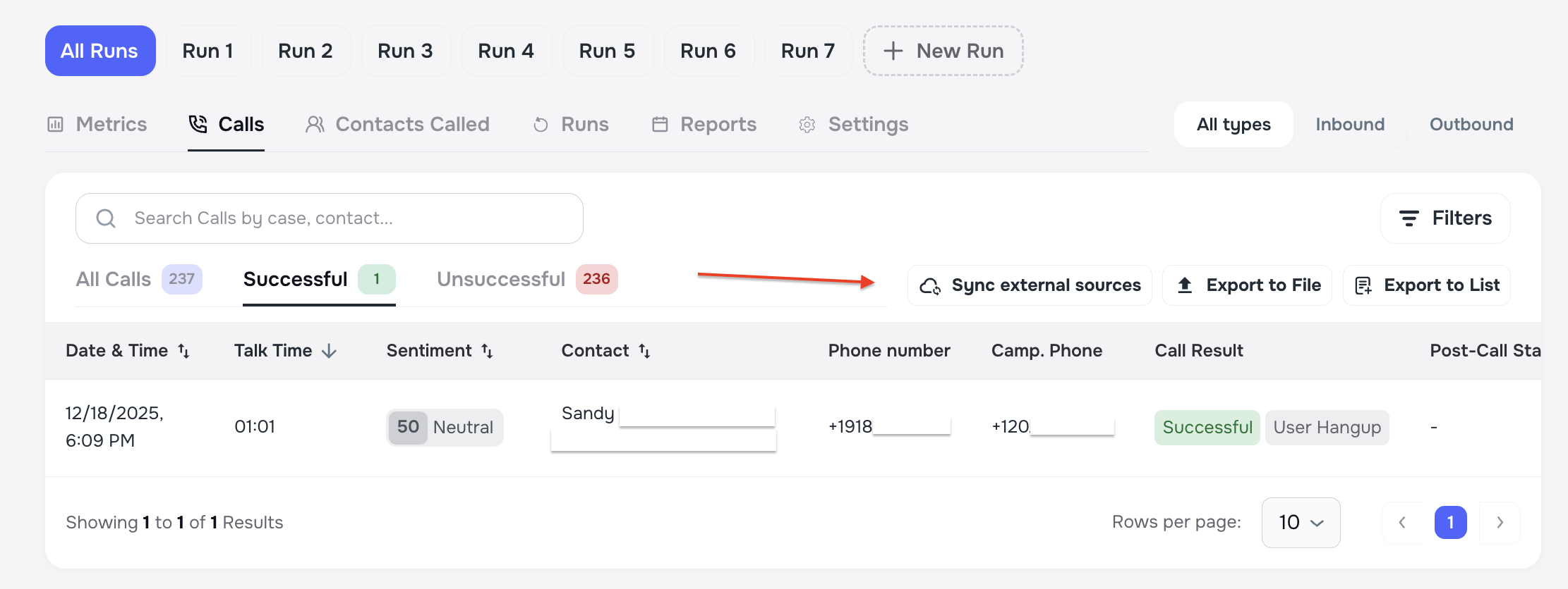 Sync External Sources action on AI Campaign Calls page