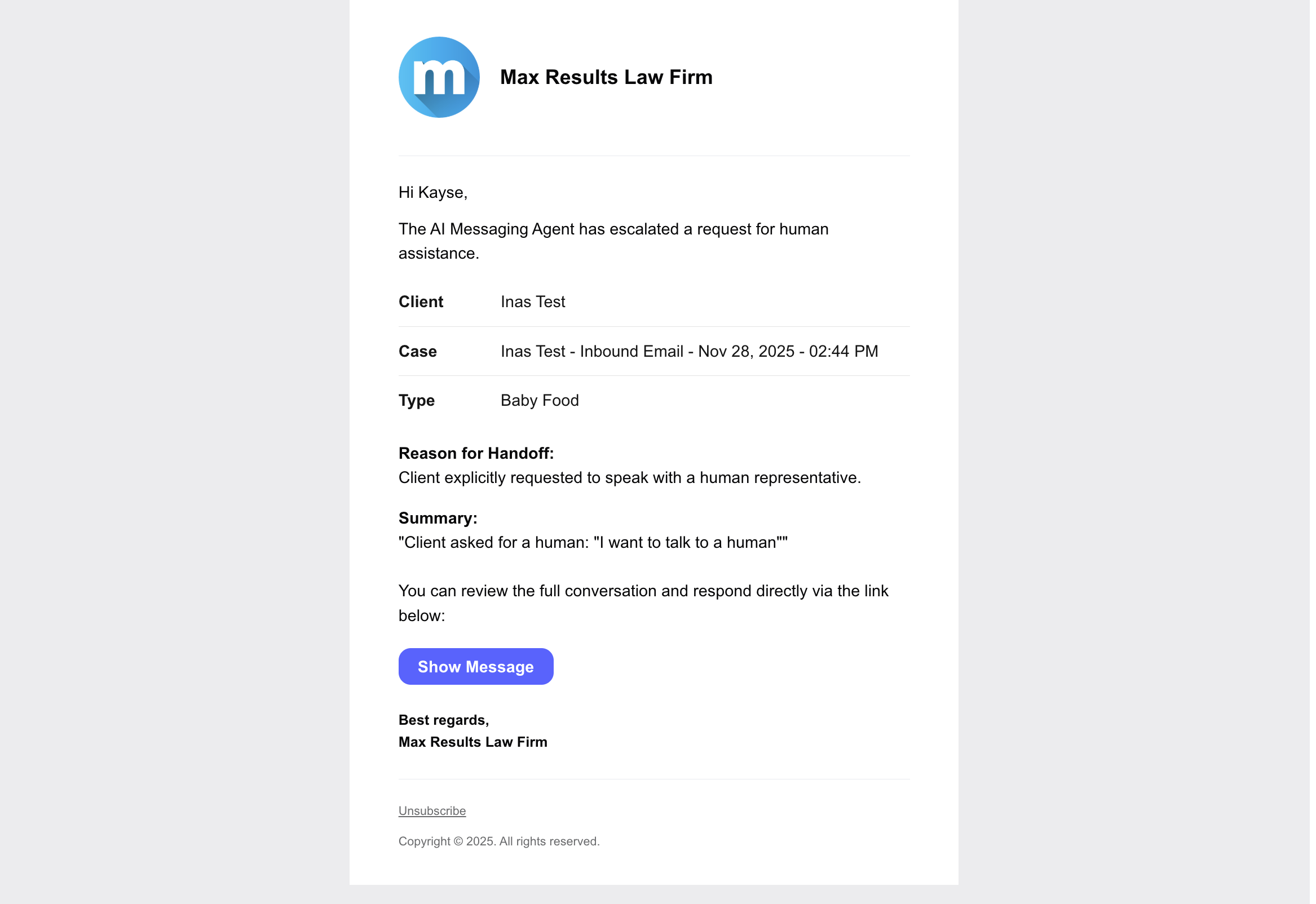 Human handoff confirmation message sent to client when AI cannot resolve request