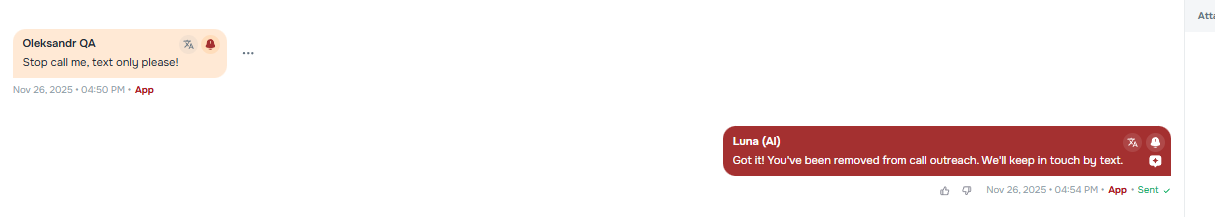 Call opt-out detection through messages with permission update and confirmation