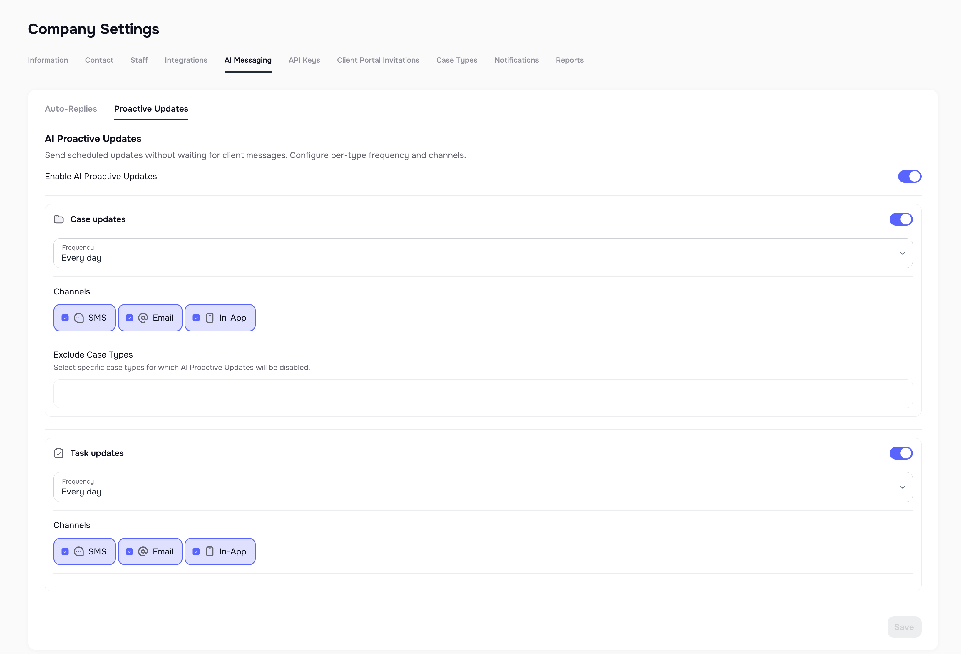 Proactive Updates settings for case and task progress messages in Company Settings