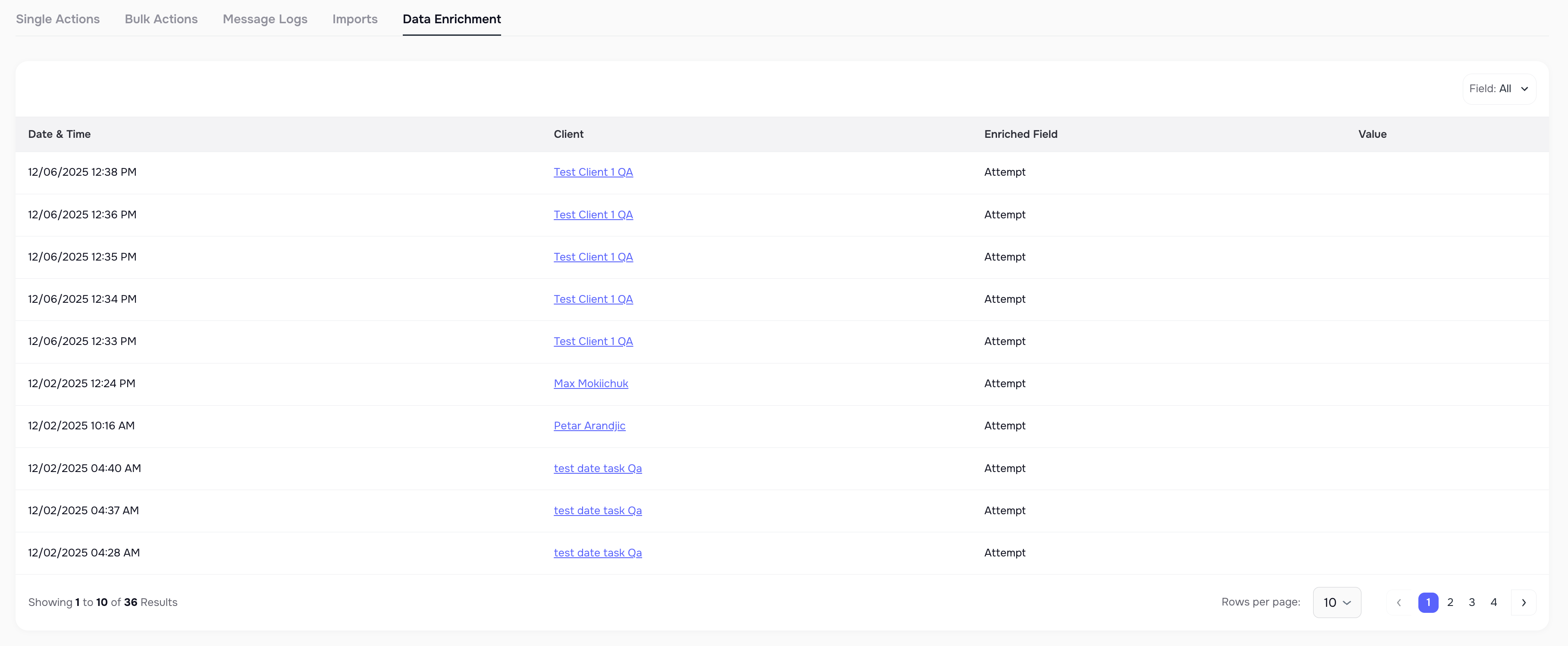Data Enrichment tab in System Logs showing enrichment attempts and results
