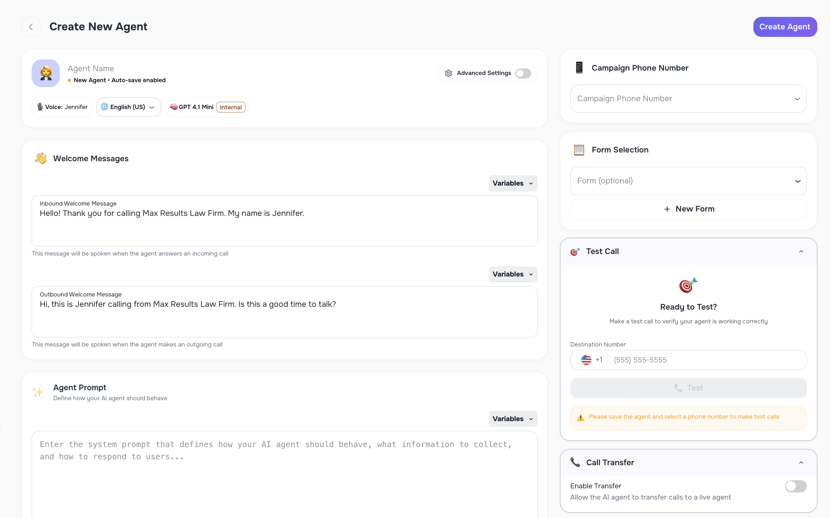 AI Agent setup flow with name, voice, welcome messages, and behavior prompt