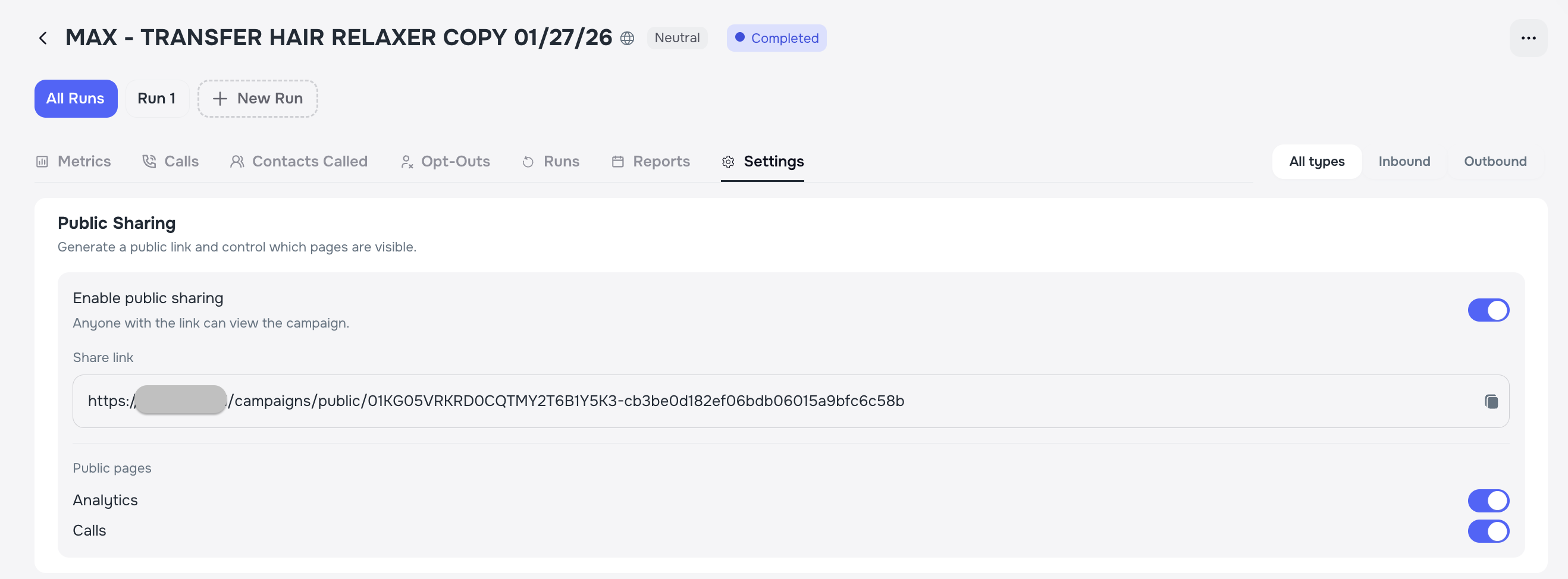 Public campaign link settings for sharing analytics without login