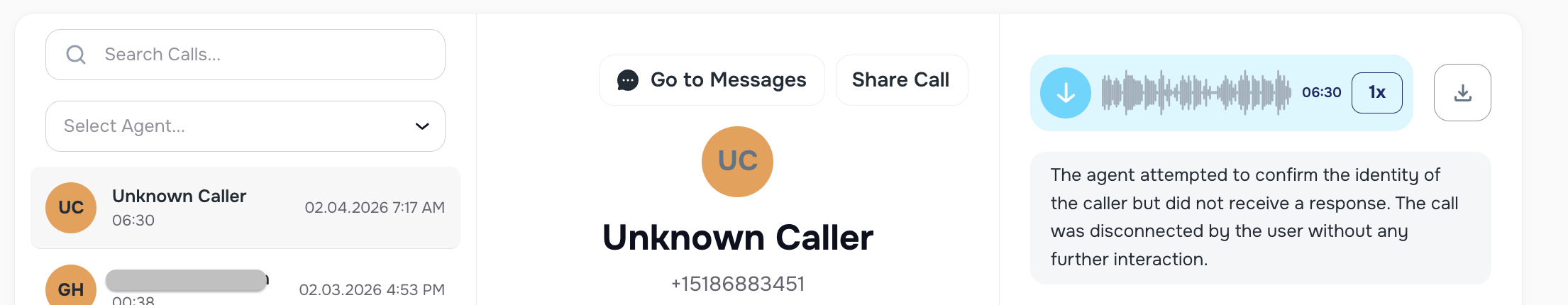 Go to Messages button on inbound call record for quick chat access