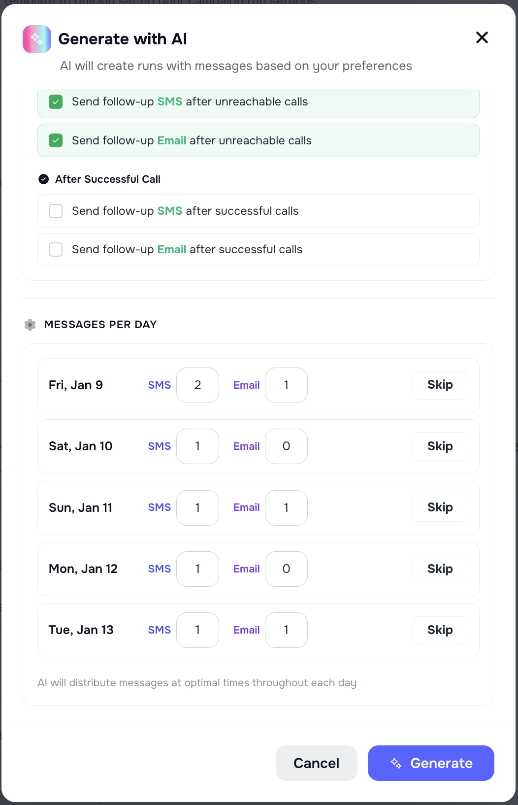 Run template options and daily messaging
