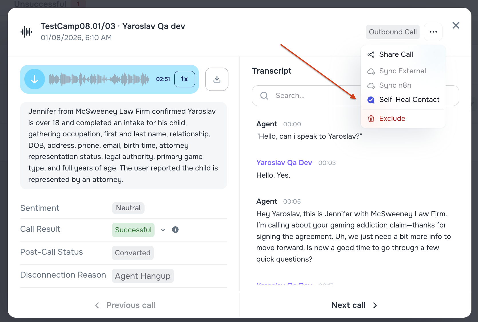 Self-Heal Contact action in call modal three-dots menu