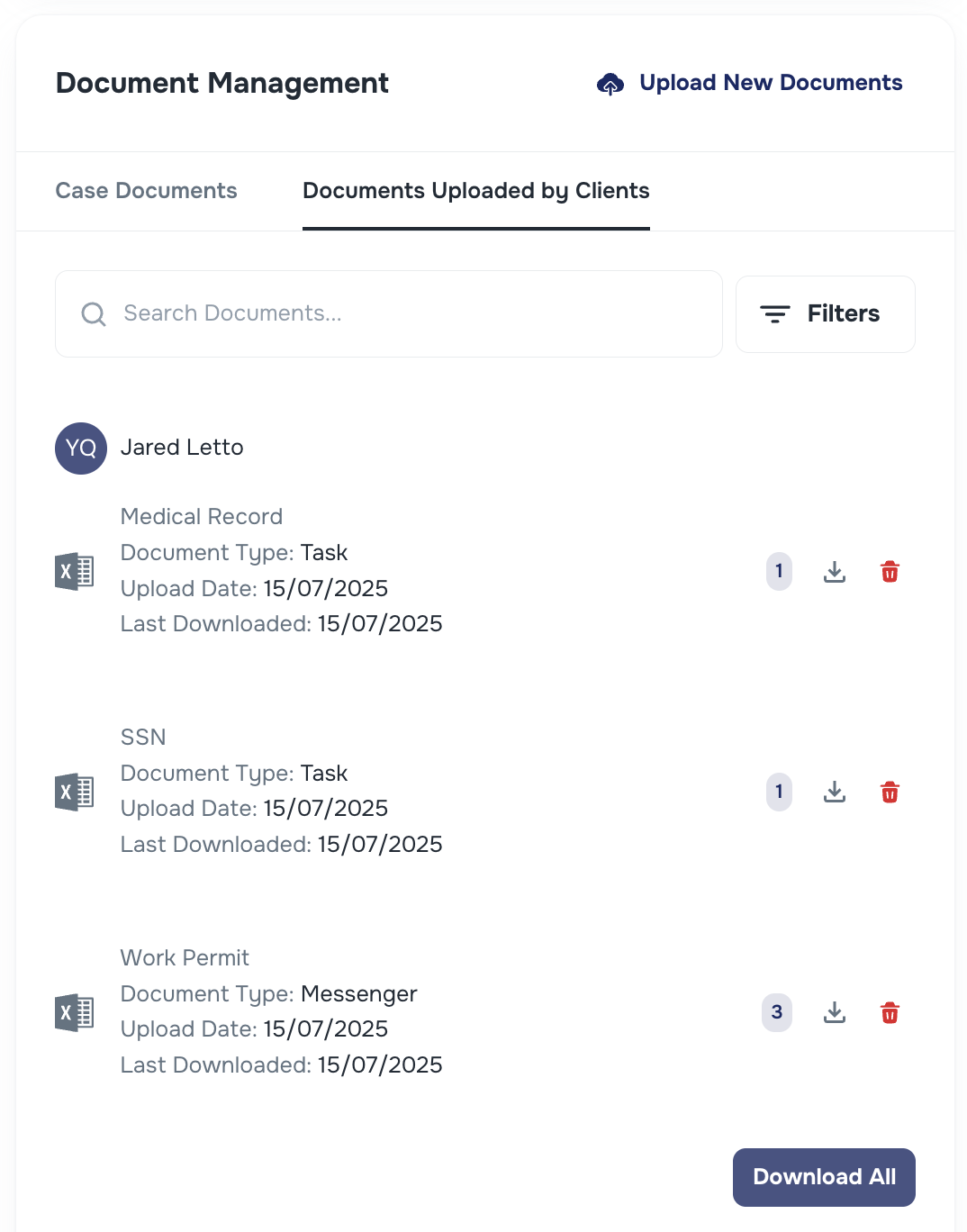 Uploaded Files section with upload date and download count