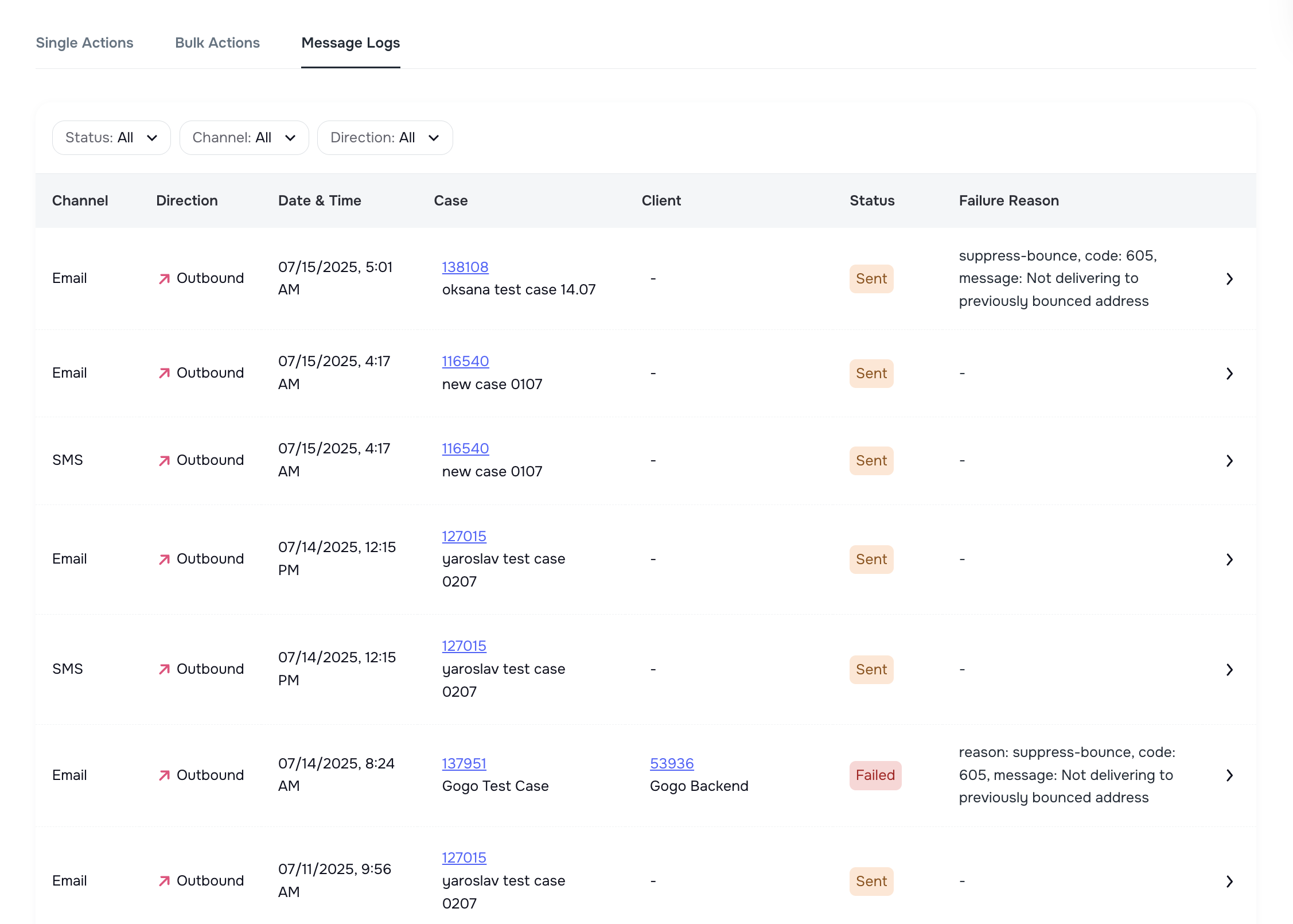 Message Logs in System Logs with delivery status filters