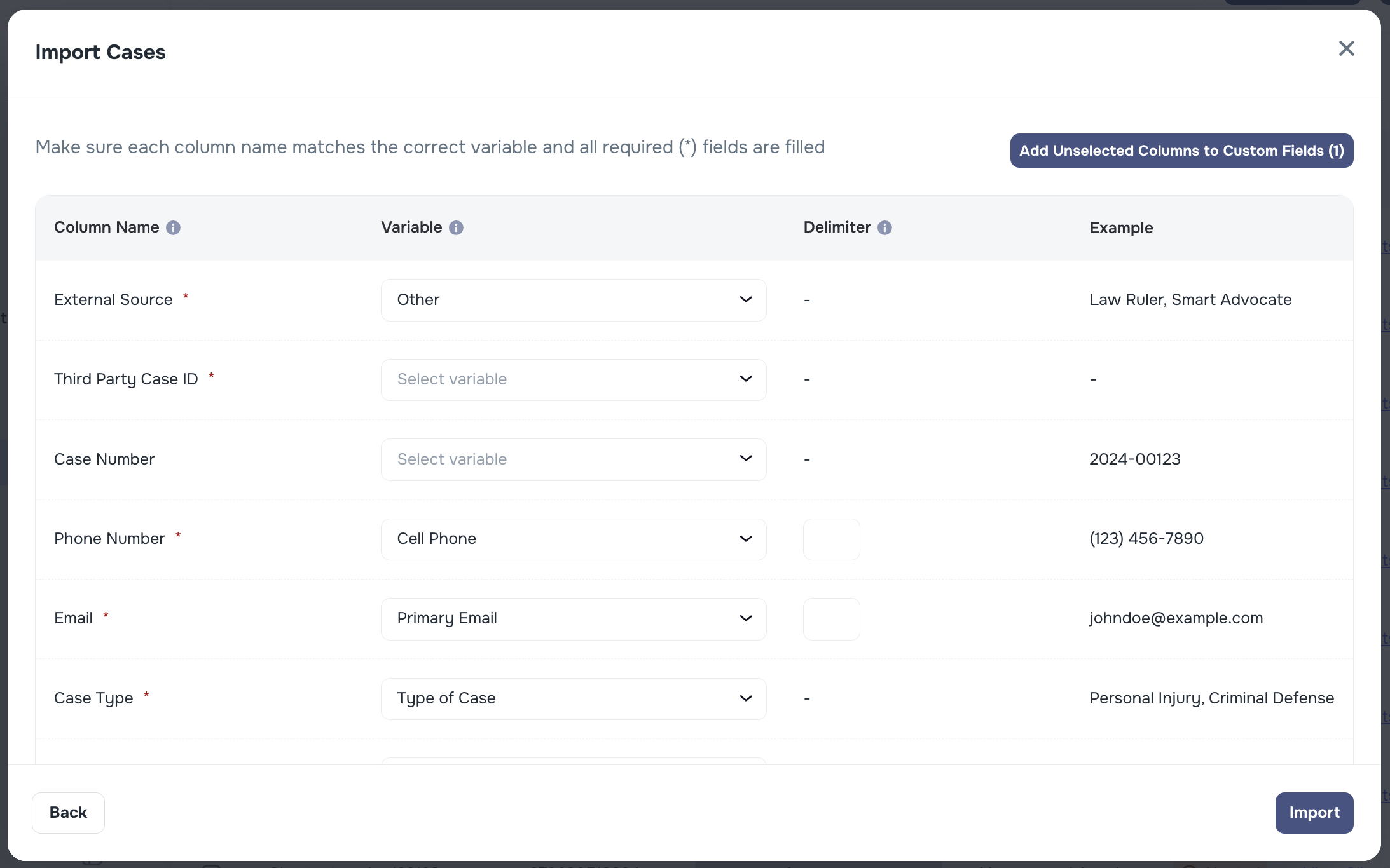 Add Unselected Columns to Custom Fields button during case import