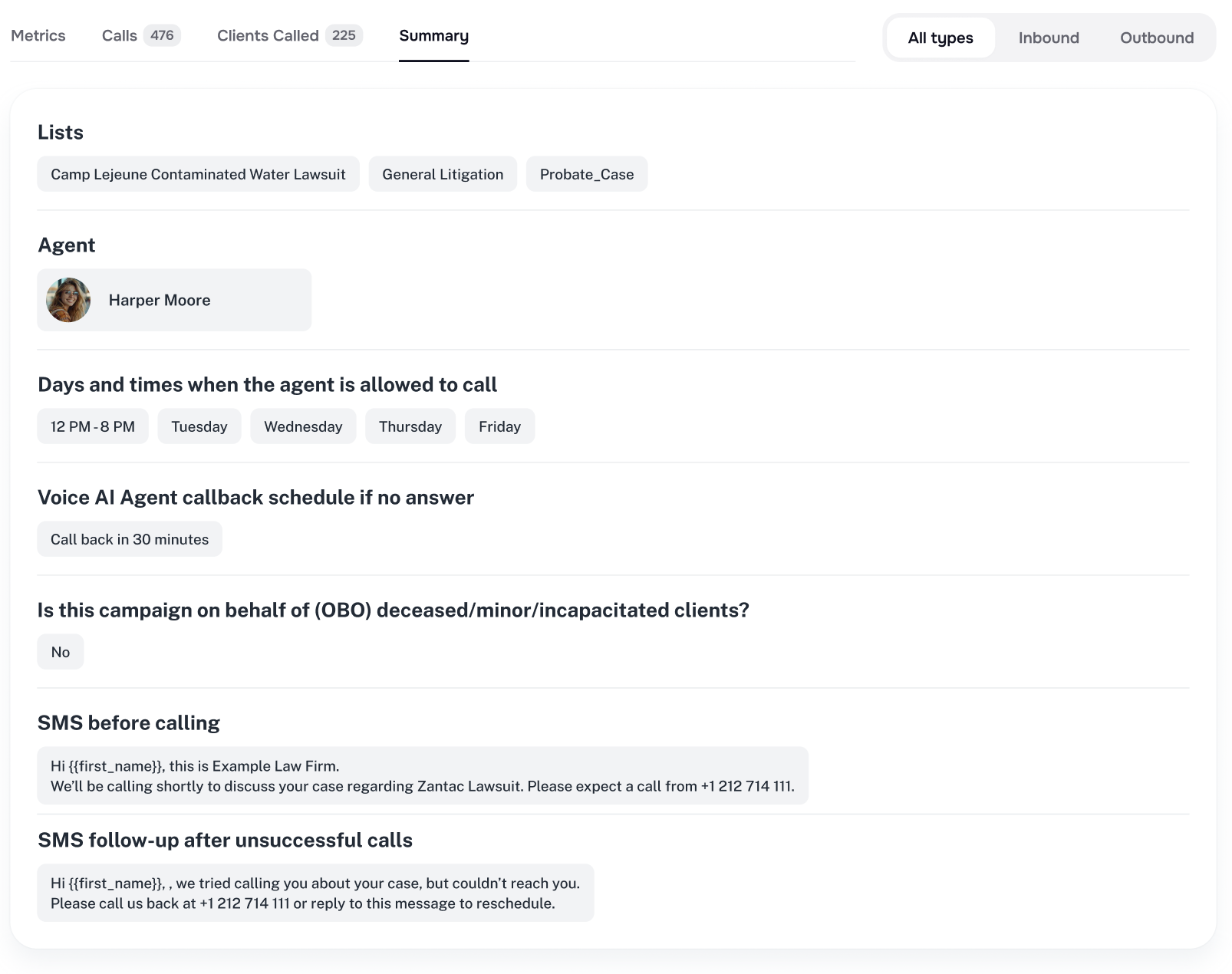 AI Campaign Summary tab with targeting, messages, and OBO status