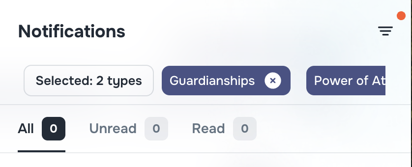 Case Type and Subtype filter for messages and notifications with search