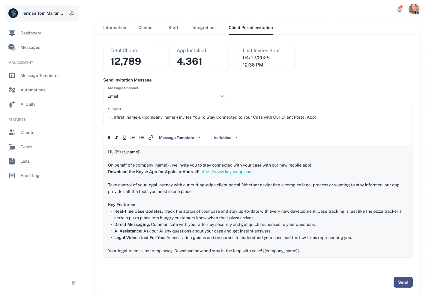 Invitation Tab with Total Clients and App Installed counters