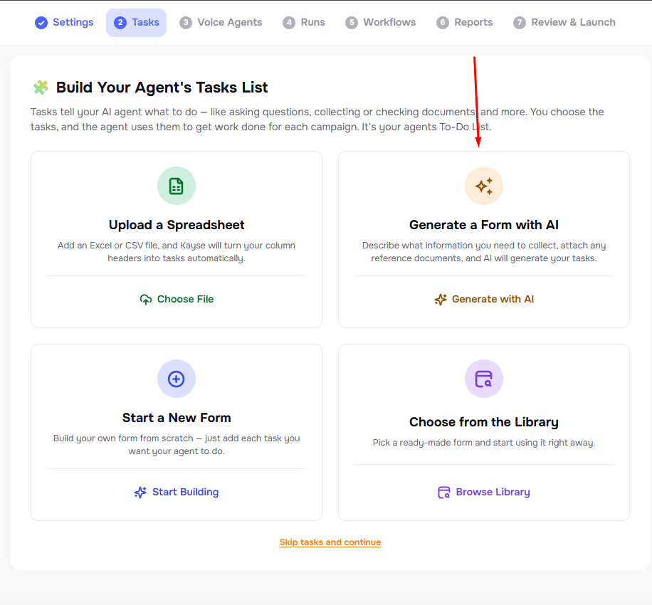 AI Form Builder option in AI Campaigns Step 2 Build Your Agent Form
