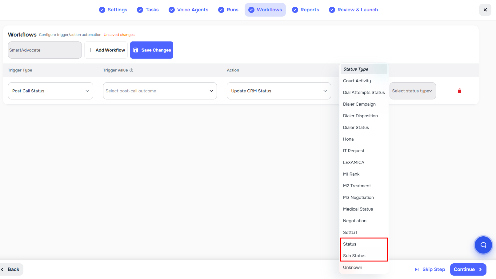 SmartAdvocate Target CRM Status searchable dropdown with Status and Substatus