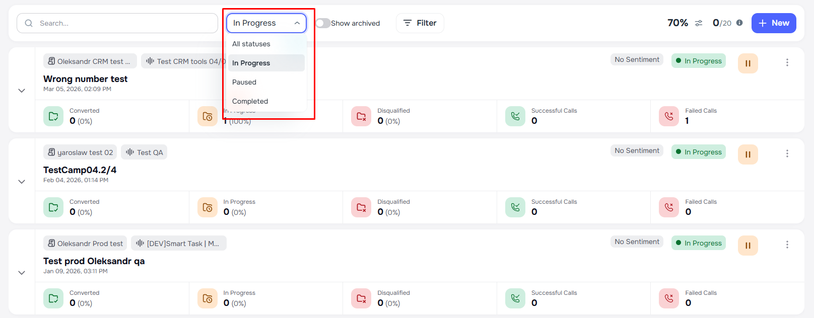 Campaign status filter dropdown for In Progress, Paused, Completed