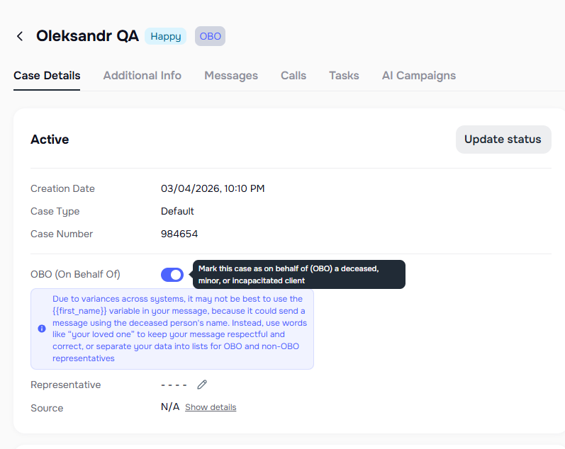 OBO toggle and Representative field on case details page