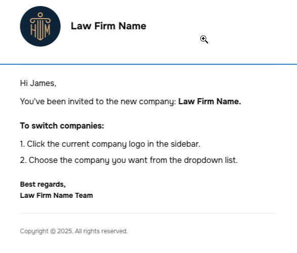 Email invite for second company with switch company option