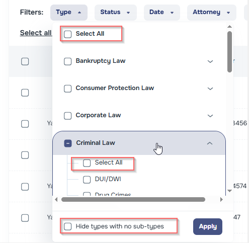 Case Types dropdown with Select all Types and Select all Sub-types options