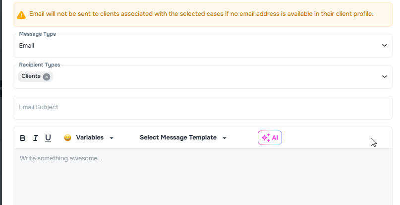 Bulk messaging warning when selected clients are missing email addresses