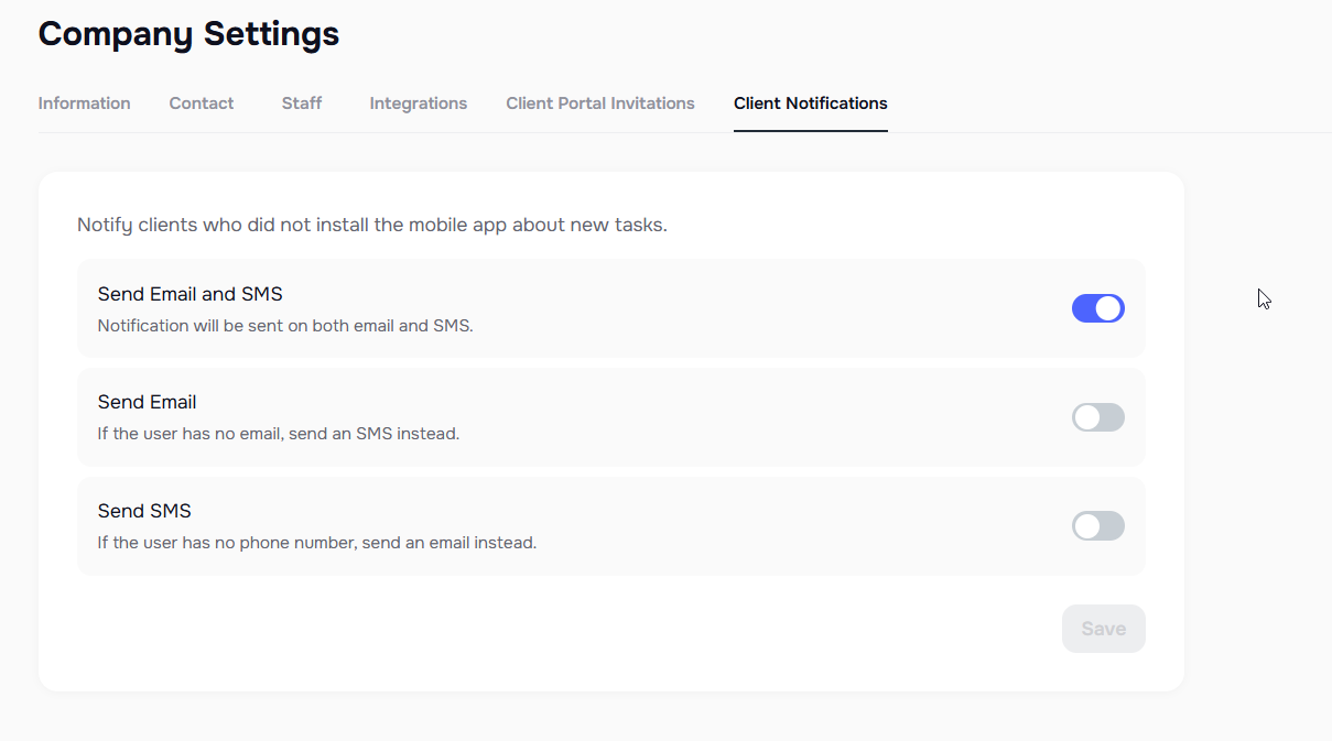 Company Settings Client Notifications tab configuration