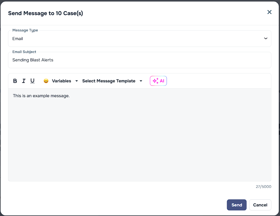 Blast Alert editor with Message Type and Message Body