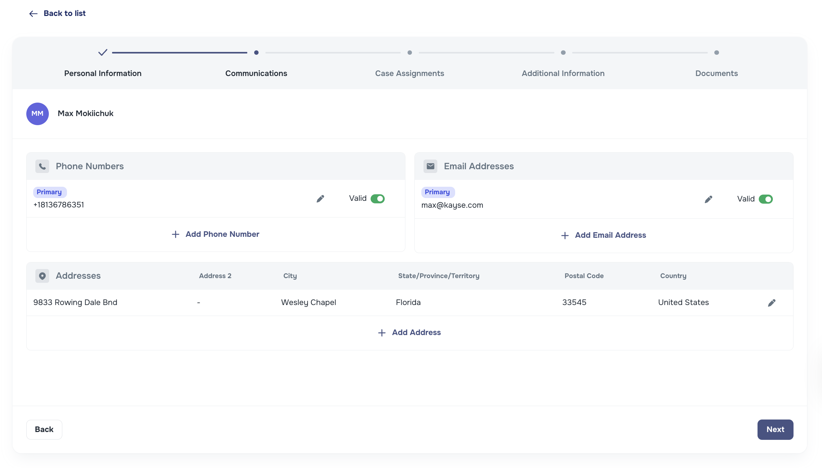Unified phone and email storage per client