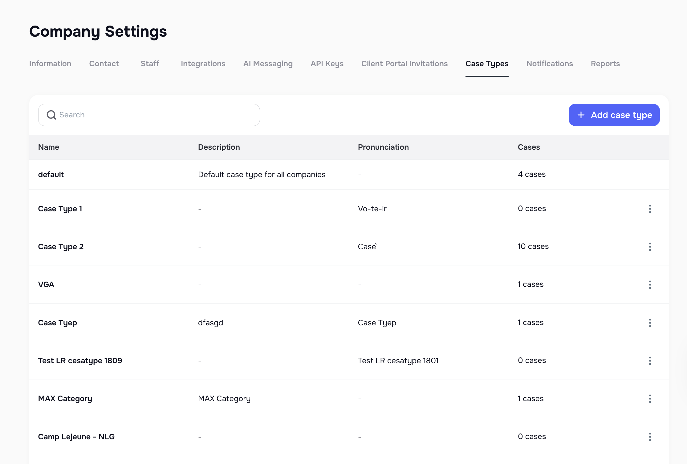 Case Type Management page in Company Settings