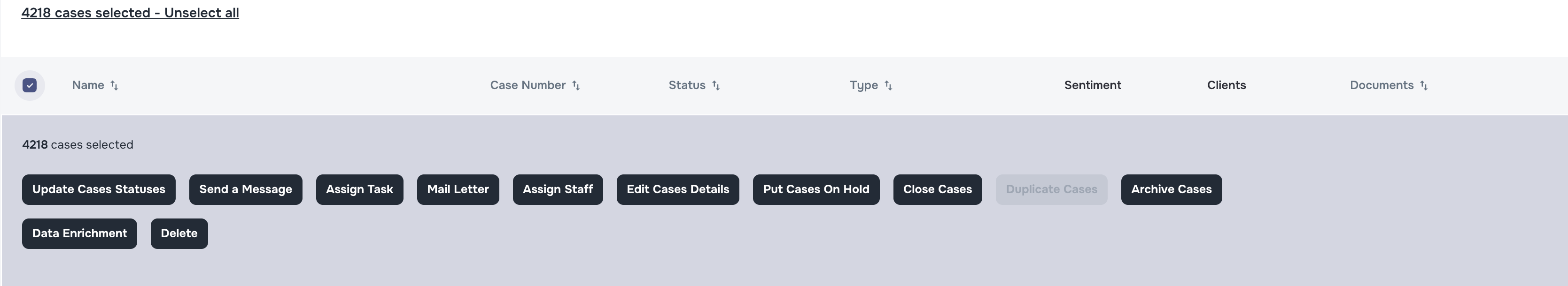 Select All button for bulk actions on Cases page