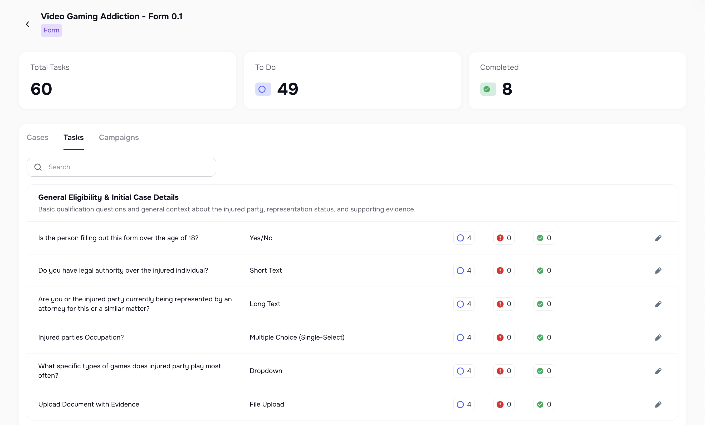 Form with pages and task steps for clients