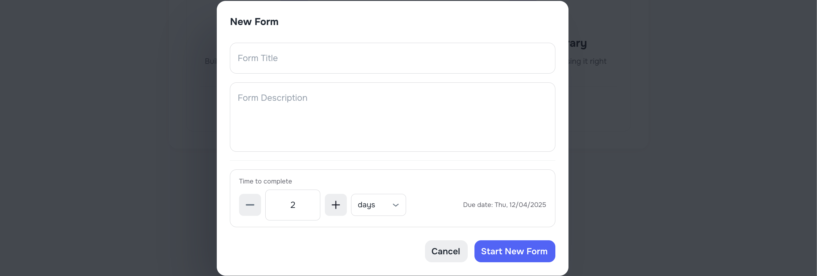 Form builder with name, description, and page structure