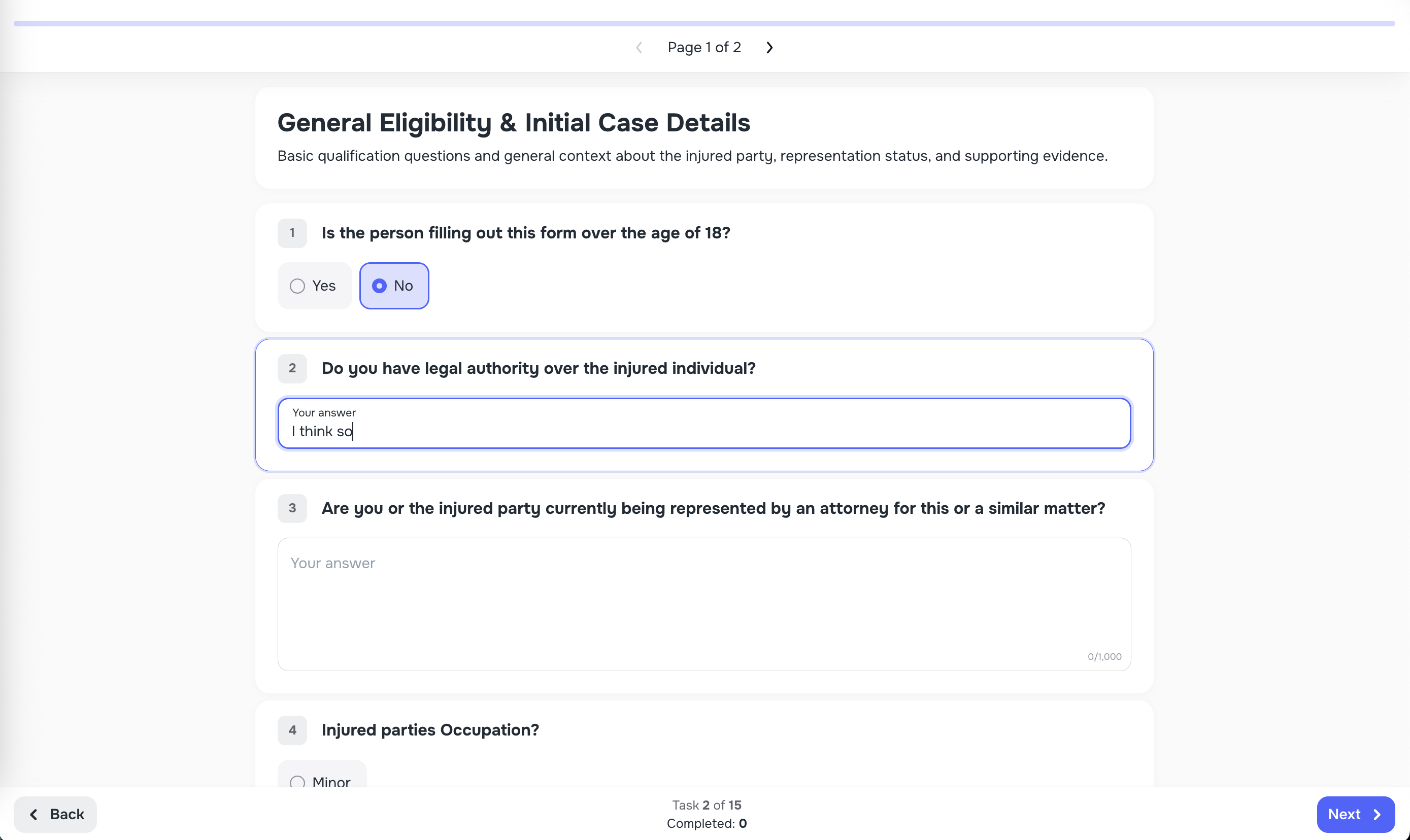 Web form with progress bar, Next/Back buttons, and auto-save