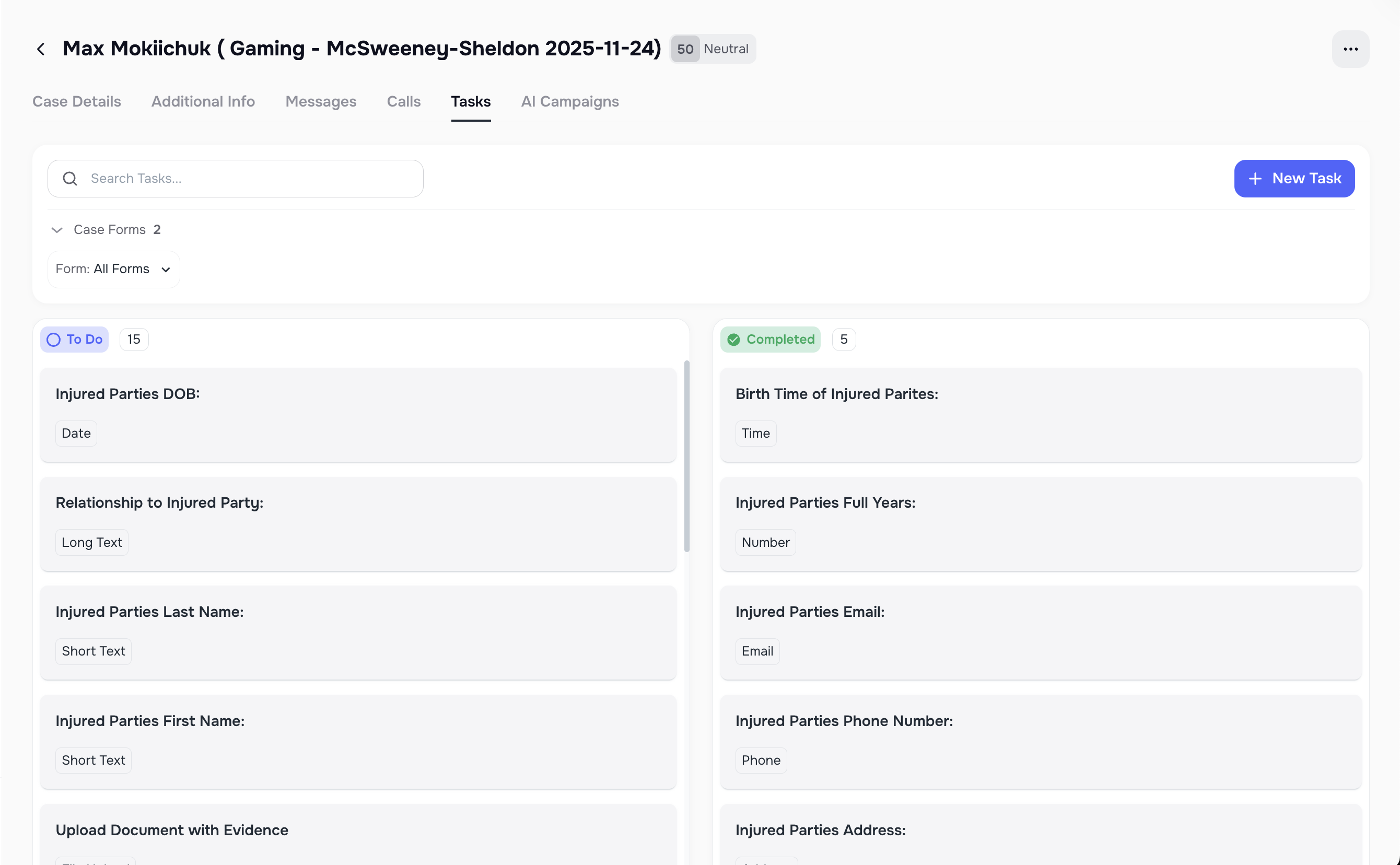 Case page with form and standalone tasks with filters