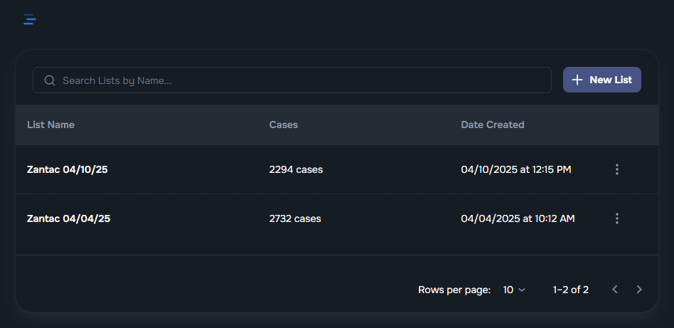 Lists menu with New List button in Kayse dashboard