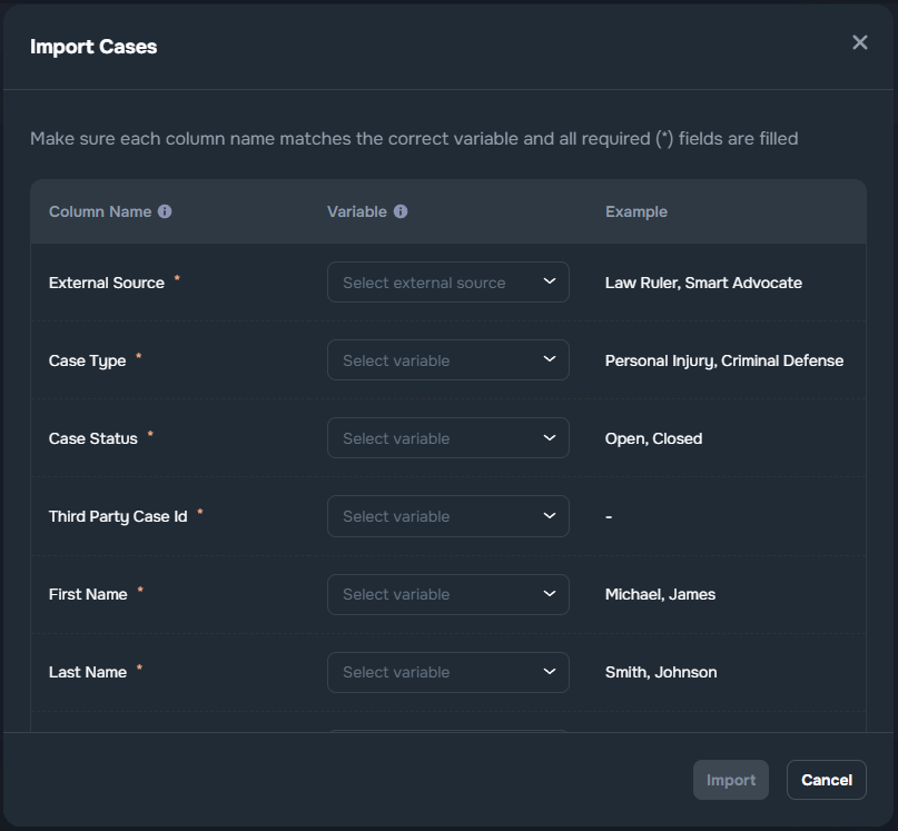 List configuration with case source filters and import options