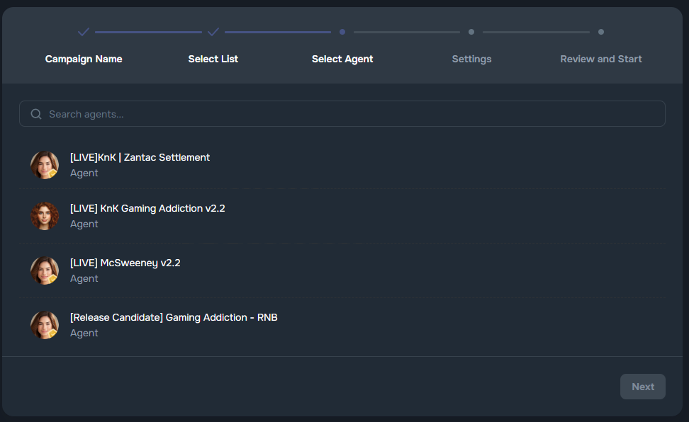 Campaign setup with name, audience list, and AI Agent selection