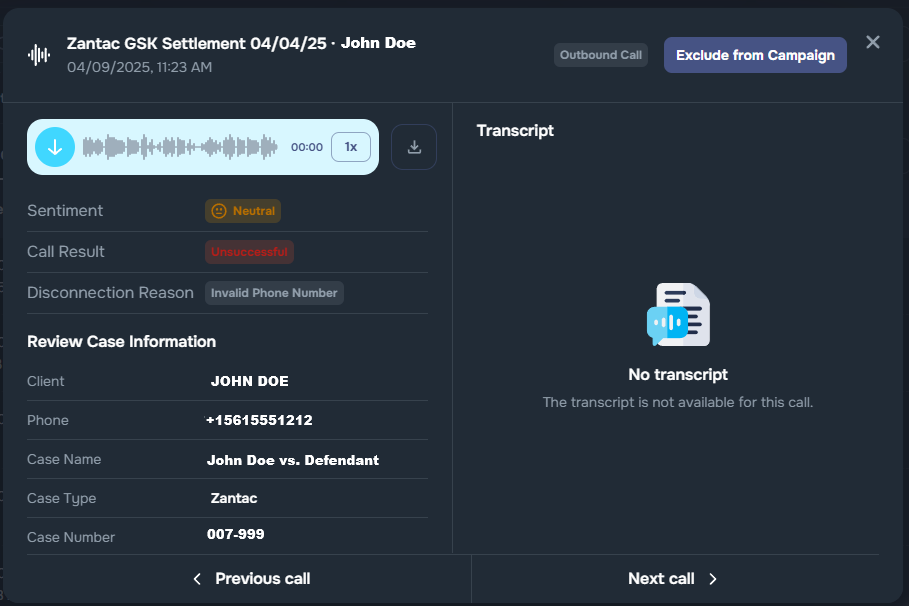 Call summary panel with recording, transcript, and sentiment