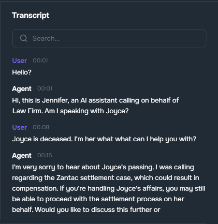 Transcript tools with search, Stop Calling button, and navigation