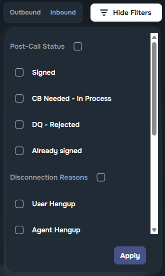 Call history table with time, duration, sentiment, result