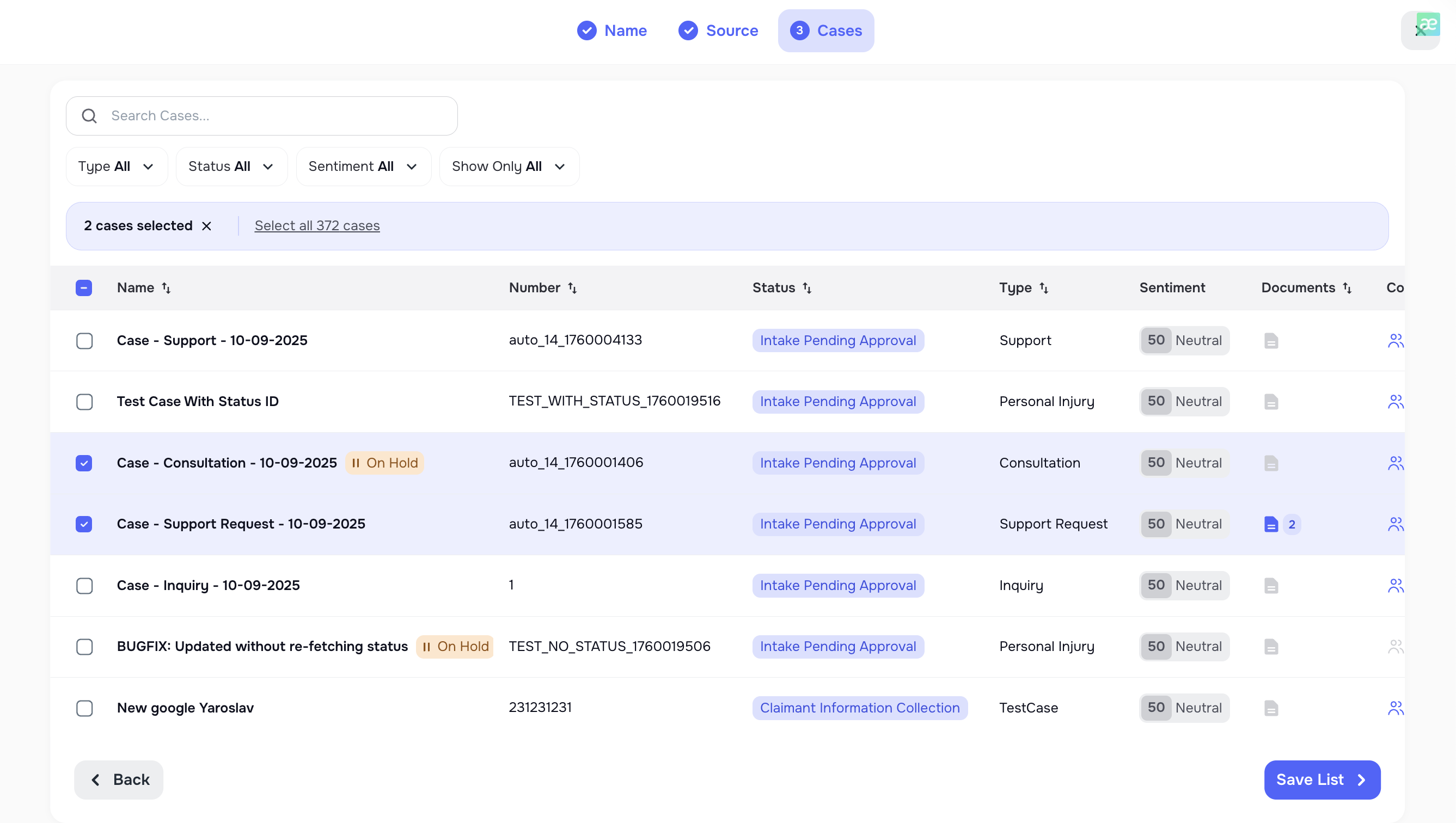 Select cases to add to list