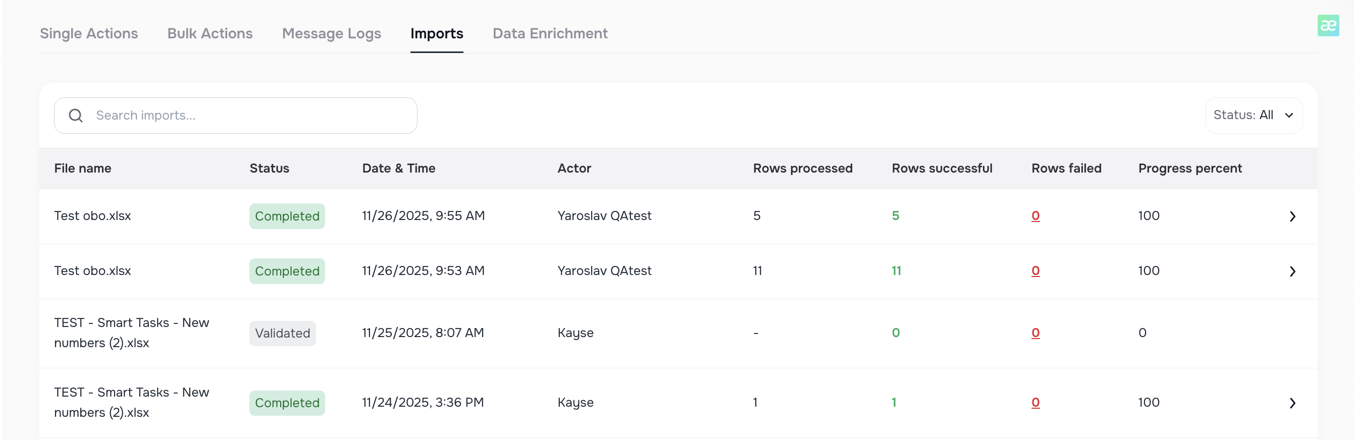 Import log with total rows and success/failure counts